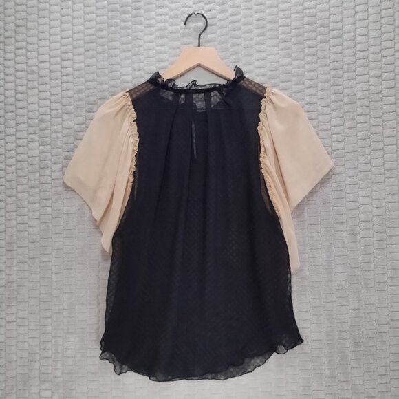 Black and Tan Sheer Blouse Ruffled Collar and Flutter Sleeves-Rachel Roy-Sz M - Picture 7 of 10